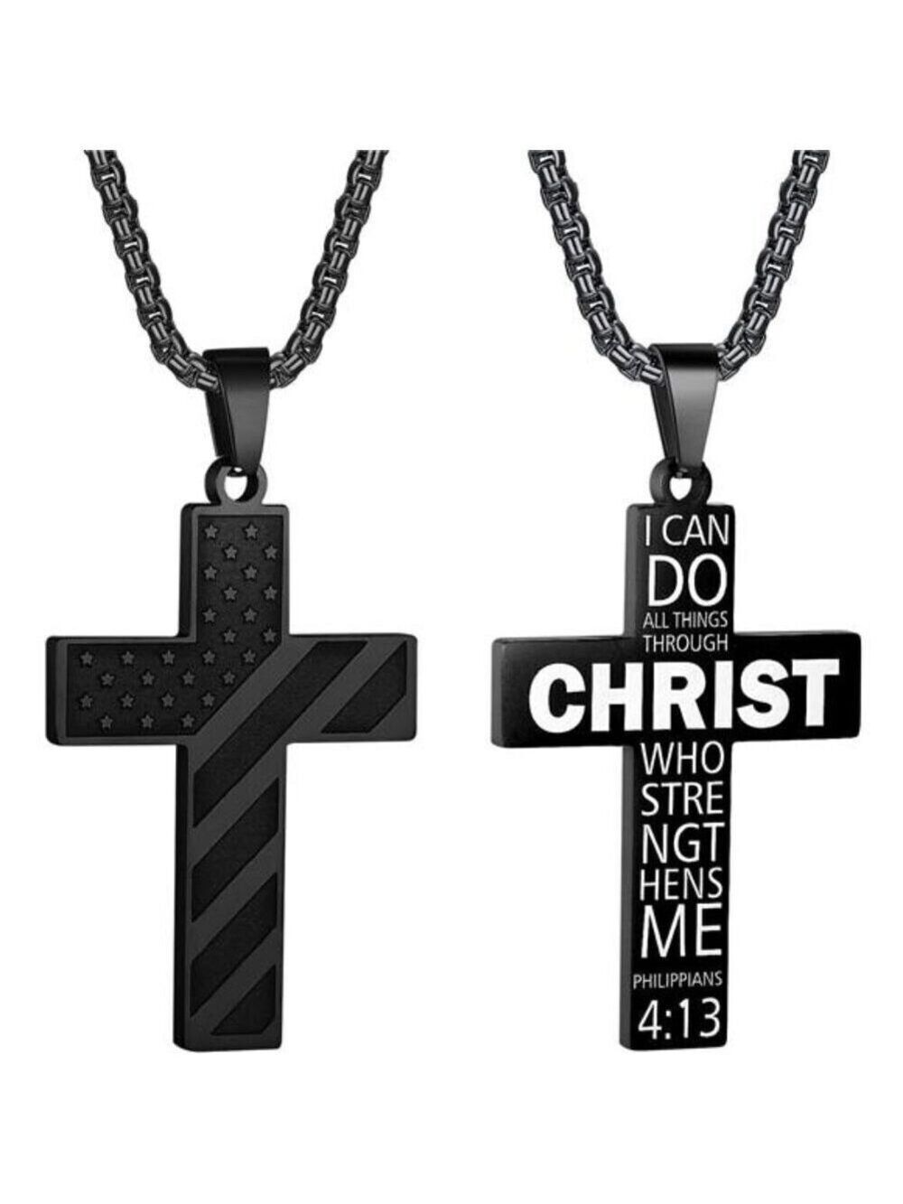 Black American Flag Christ Cross Necklace Men Stainless Steel Box Chain 22 inch